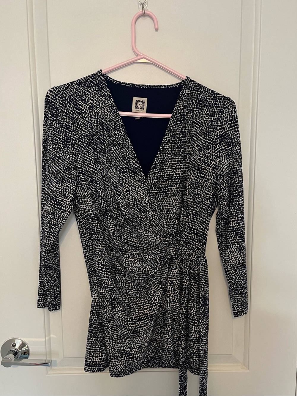 Anne Klein Black and White Printed Wrap-Style Long Sleeve blouse